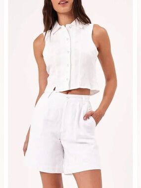 Rollas Nina Linen Viscose Vest in White Sleeveless Top - 8 / Small